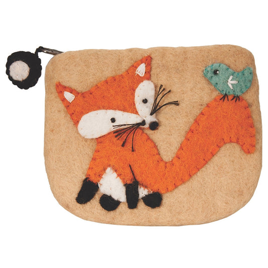 Handmade felt fox coin purse crafted from 100% wool, featuring a secure zipper closure and eco-friendly materials, ethically produced in Nepal.