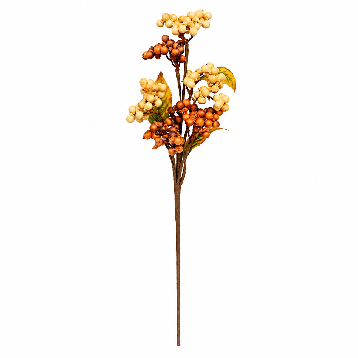 An artificial autumn berry stem featuring clusters of small orange and cream-colored berries with green and yellow leaves on a brown stem, isolated on a white background.