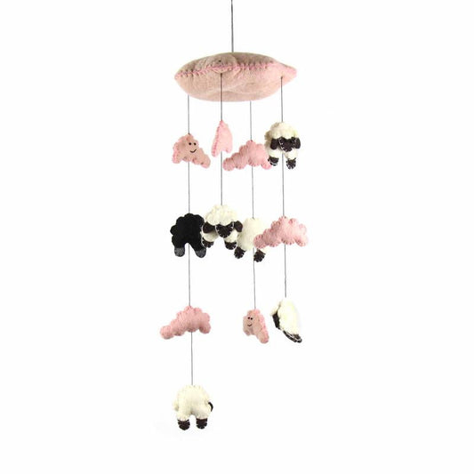 Felt baby mobile with pink clouds and white sheep handmade from wool
