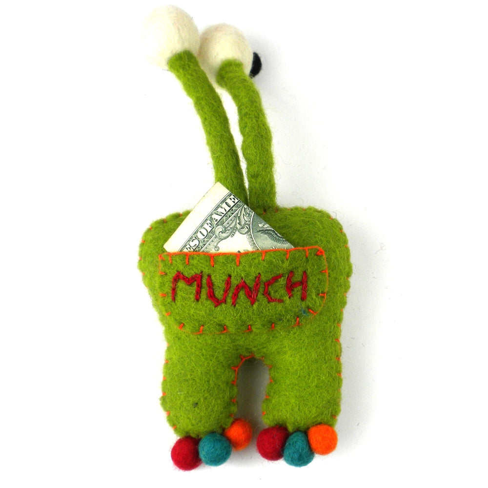 Tooth fairy pocket plush made of eco-friendly wool felt, handmade in Nepal for kids’ milestone moments