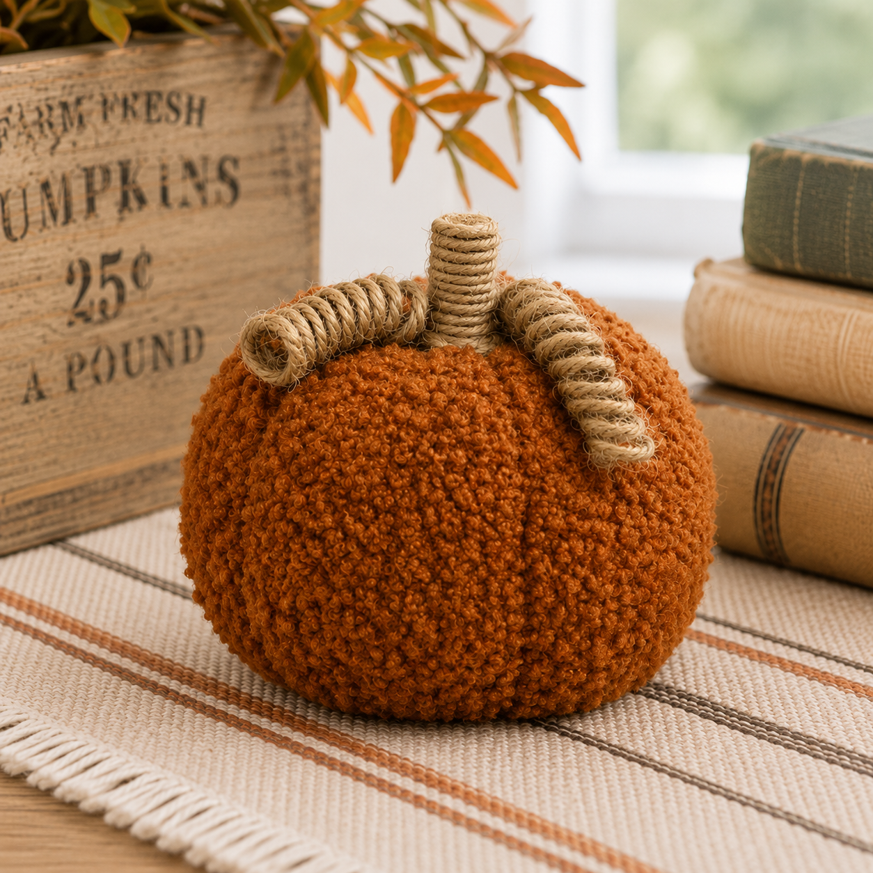 Burnt Orange Sherpa Pumpkin with Jute Vines - 3.5"