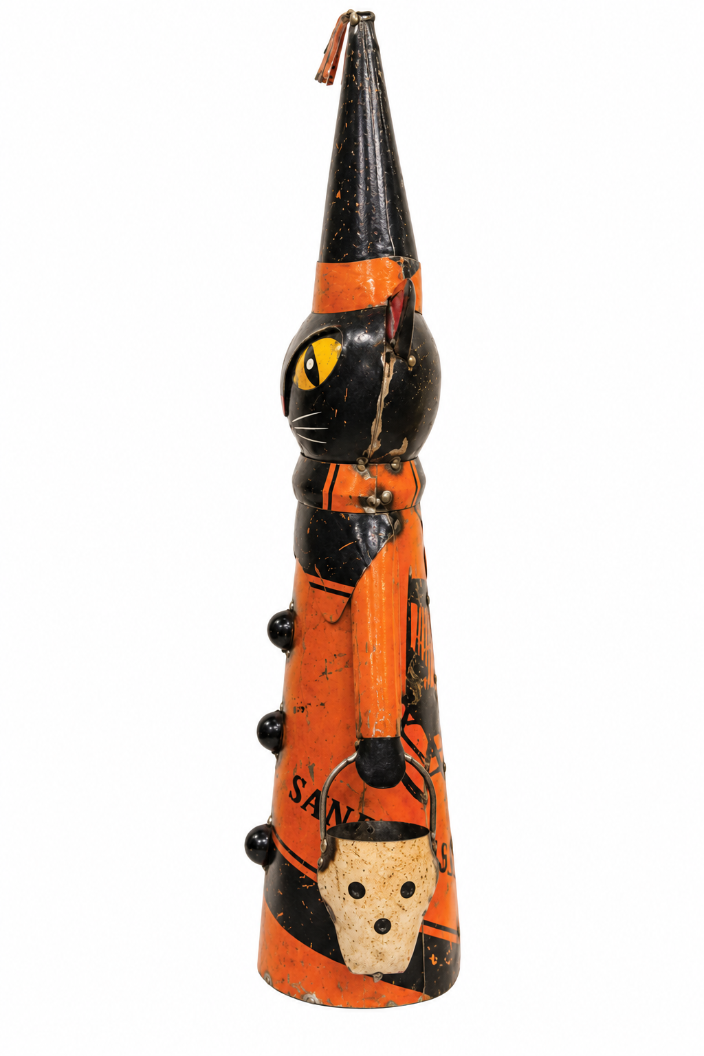 A metal Halloween decoration shaped like a cat in a witch hat, holding a pumpkin, shown on a plain white background made from recycled materials.