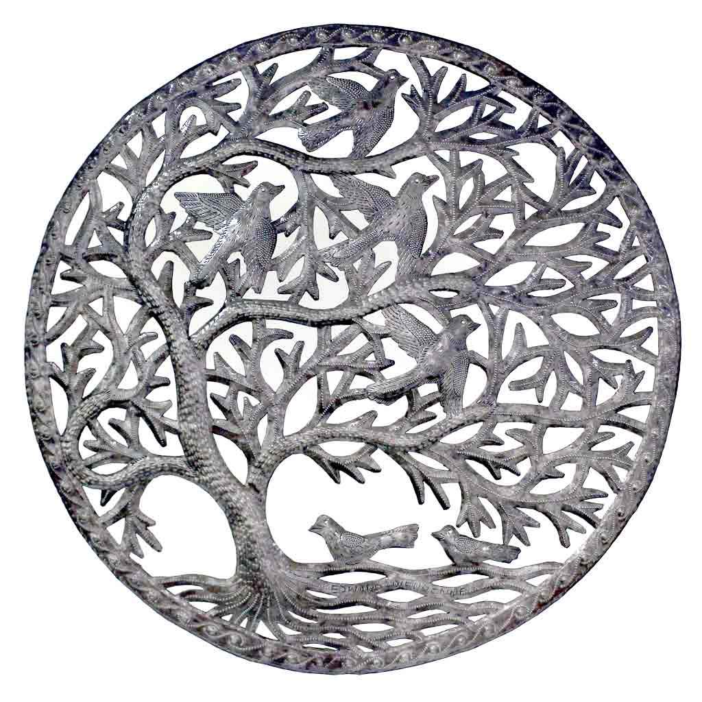 Hand-cut steel wall art sculpture featuring a swirling tree of life design