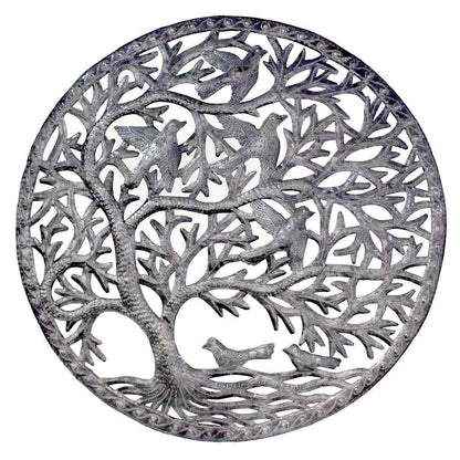 Hand-cut steel wall art sculpture featuring a swirling tree of life design