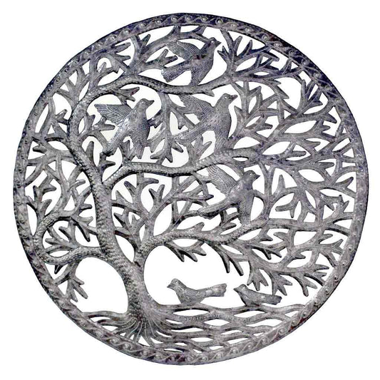 Hand-cut steel wall art sculpture featuring a swirling tree of life design