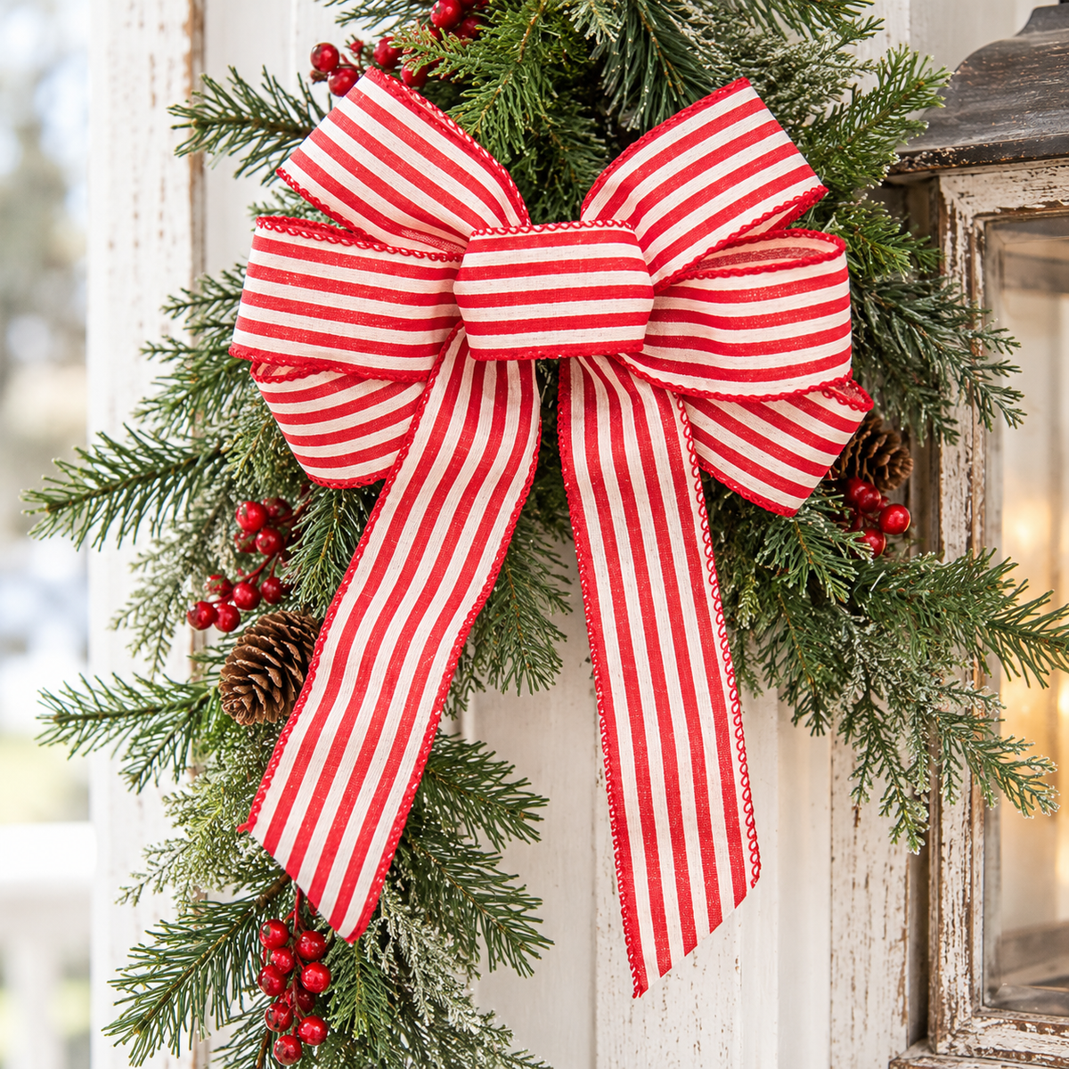 A festive holiday wreath made of green pine branches, decorated with red berries, pinecones, and a large red and white striped ribbon bow, hanging against a white distressed wooden door next to a lantern.