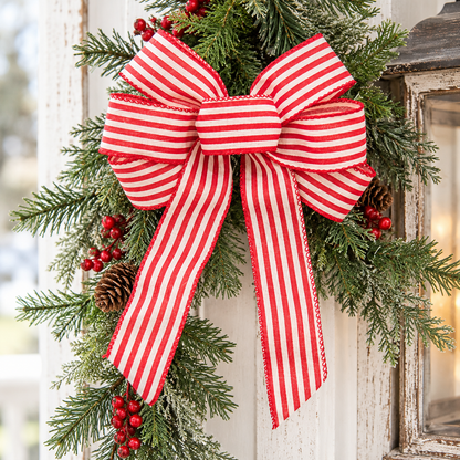A festive holiday wreath made of green pine branches, decorated with red berries, pinecones, and a large red and white striped ribbon bow, hanging against a white distressed wooden door next to a lantern.