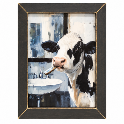 A framed art print depicting a black and white cow brushing its teeth in a bathroom, set in a dark wood frame with gold-toned inner trim, shown against a plain white background.