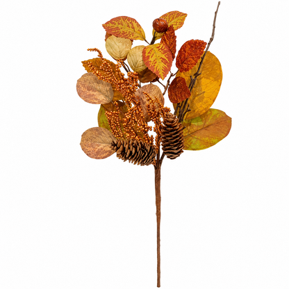 An artificial autumn branch featuring variegated yellow, orange, and brown leaves, clusters of small orange berries, two pinecones, and a long brown stem on a solid white background.