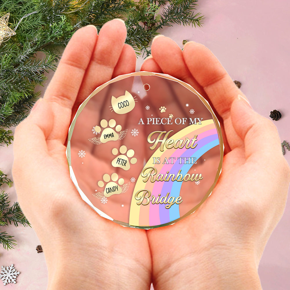 A front view of the Rainbow Bridge memorial ornament held in someone's hands, showcasing its size and personalized design as a tribute to a cherished pet.