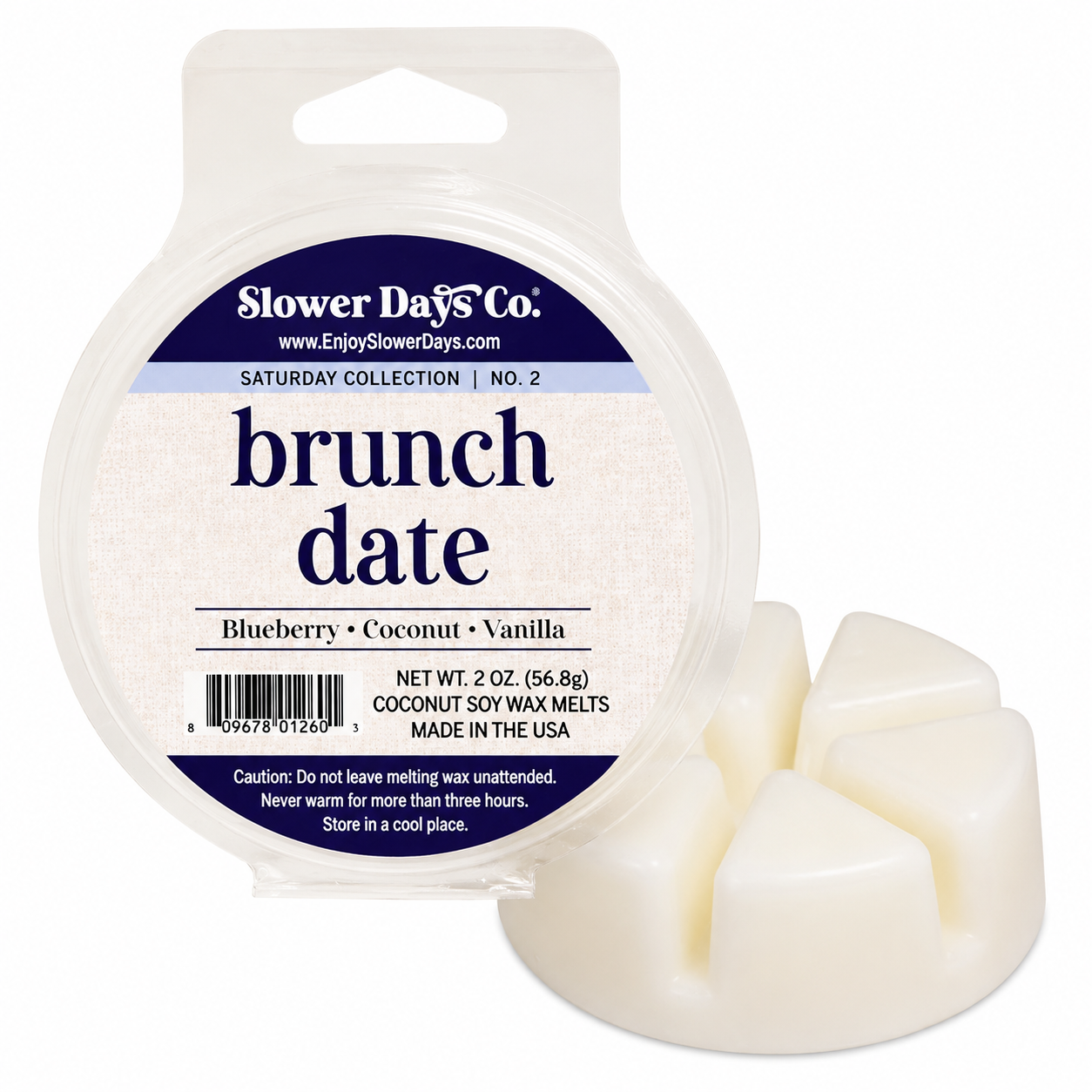 Slower Days Co. 'brunch date' coconut soy wax melts in a clear plastic tub with a white and navy label, shown next to three small off-white wax melts on a white background.
