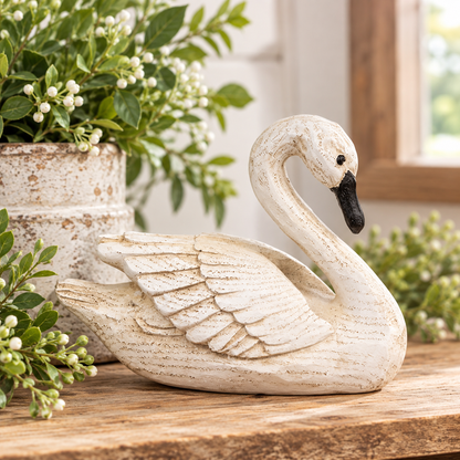 A distressed off-white swan figurine with a black beak, displayed on a wooden surface next to a potted green plant.
