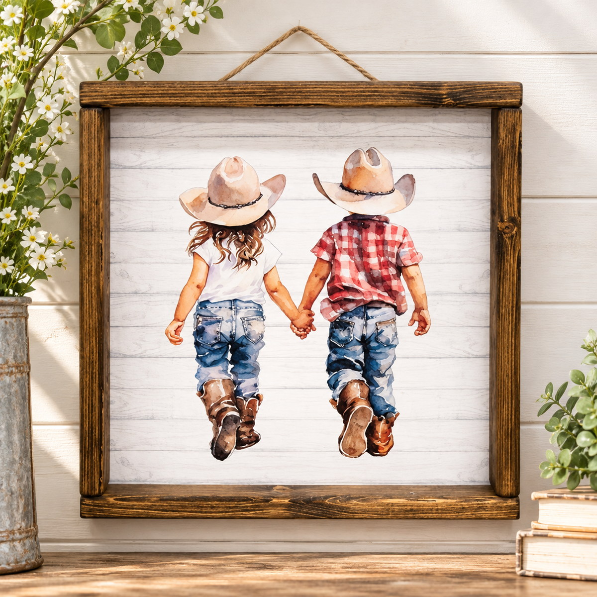 A framed rustic art print featuring a watercolor-style illustration of a young girl and boy holding hands, seen from behind as they walk away in cowboy hats, jeans, and boots. The print is housed in a dark brown wooden frame and displayed against a white shiplap wall with decorative plants and flowers.