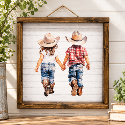 A framed rustic art print featuring a watercolor-style illustration of a young girl and boy holding hands, seen from behind as they walk away in cowboy hats, jeans, and boots. The print is housed in a dark brown wooden frame and displayed against a white shiplap wall with decorative plants and flowers.