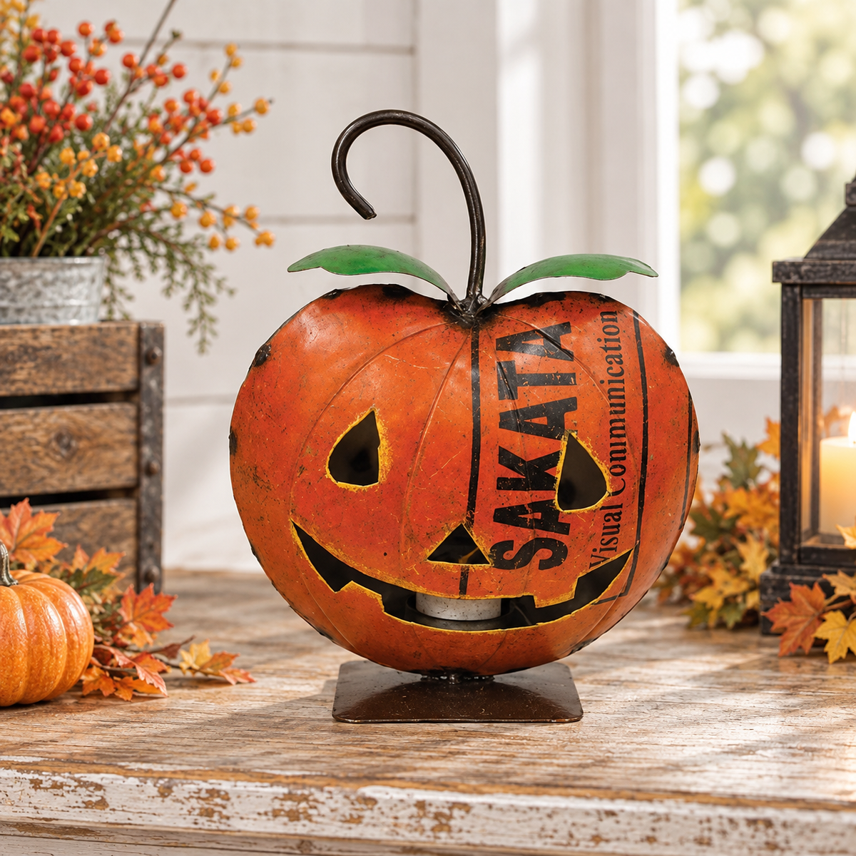 A decorative orange pumpkin-shaped metal sign with a jack-o'-lantern face, green leaves, and a black stem on a stand, displayed on a rustic wooden surface with fall decor and a lantern in the background.