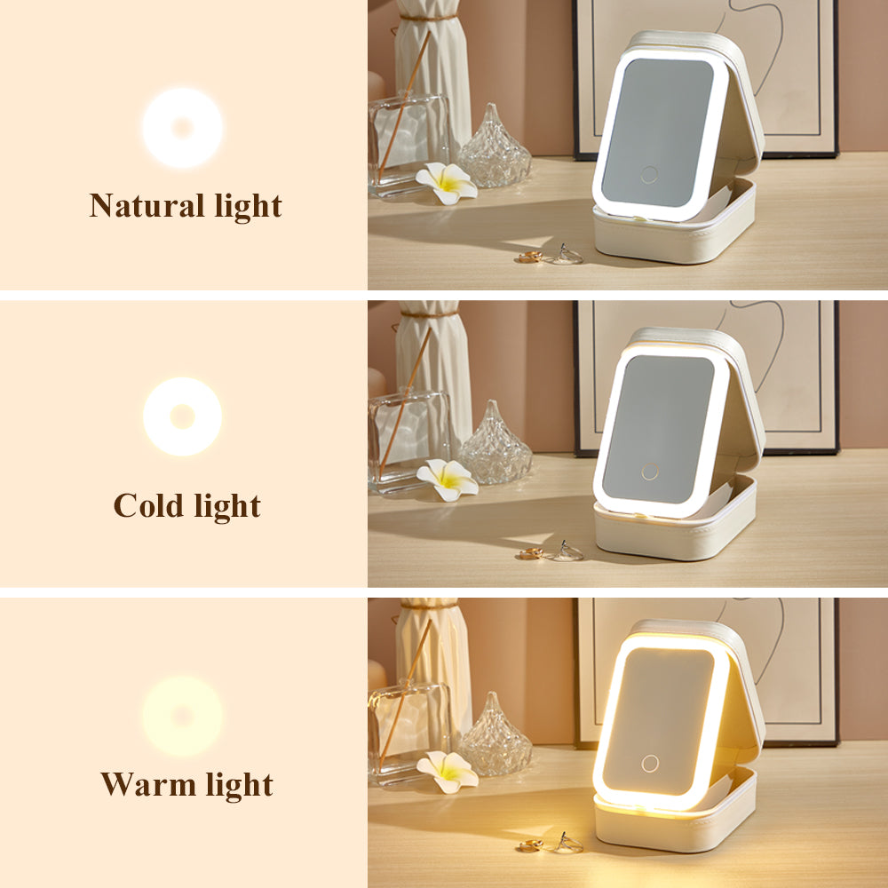 A display showing the three adjustable light temperatures of the LED makeup mirror: natural, cold, and warm, highlighting the customizable lighting options of the jewelry box.