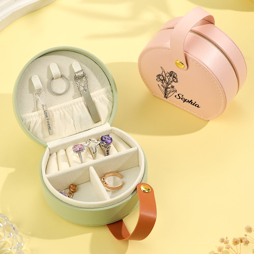 Two birth flower jewelry boxes displayed side by side; one is open, revealing soft-lined compartments for rings and necklaces, while the other is closed, showcasing its smooth PU leather