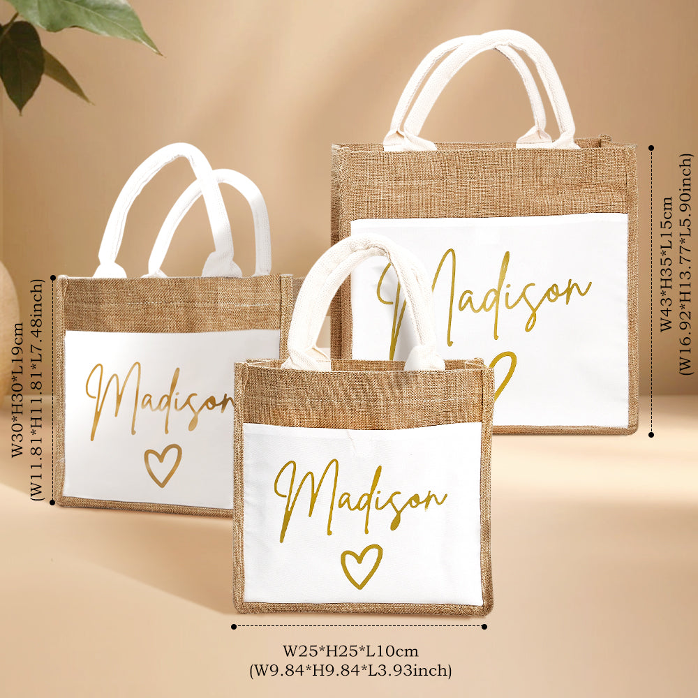 A studio photo of three personalized jute tote bags in different sizes, with overlaid text indicating the dimensions of each, showcasing their durable linen fabric and customizable name option.