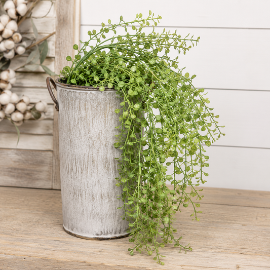 Light green artificial peppergrass hanging bush with cascading branches and variegated rounded leaves for farmhouse décor, rustic decorating, wreaths, hanging baskets, and floral arrangements.