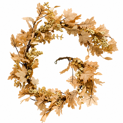 An autumn-themed artificial wreath featuring dried oak leaves, small berries, and eucalyptus sprigs on a clean white background.