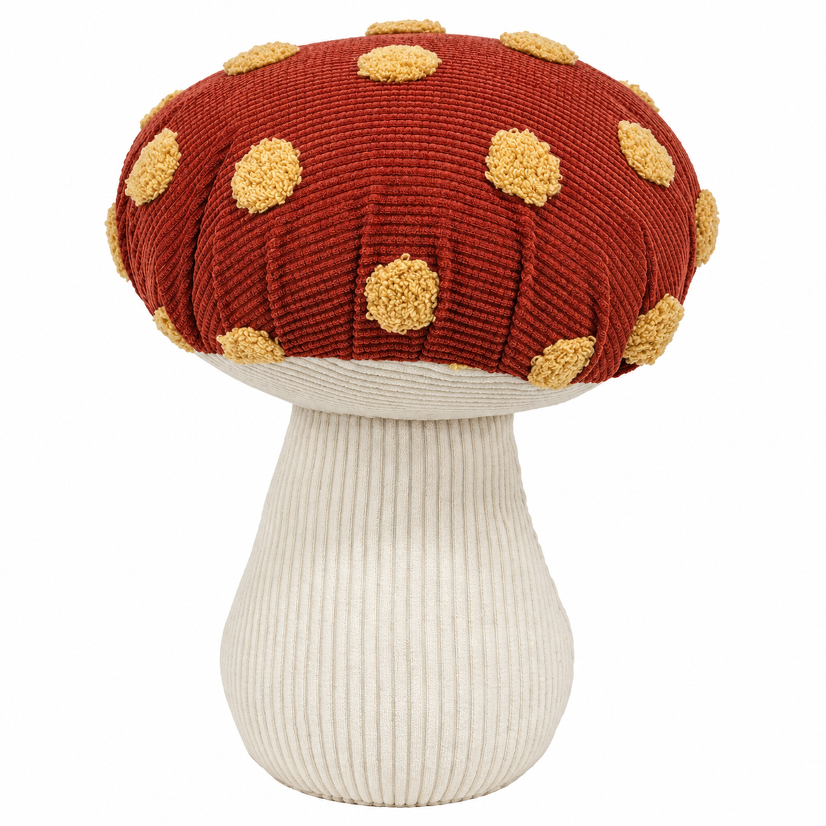 A mushroom-shaped decorative cushion or pillow with a textured red corduroy cap, tan polka dots, and a ribbed off-white stem, shown on a plain white background.