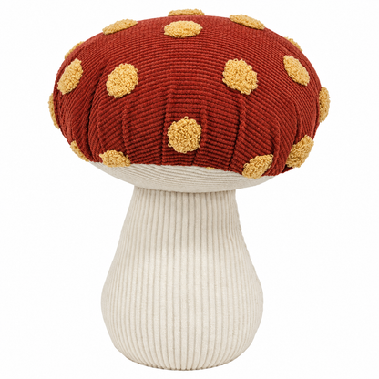 A mushroom-shaped decorative cushion or pillow with a textured red corduroy cap, tan polka dots, and a ribbed off-white stem, shown on a plain white background.