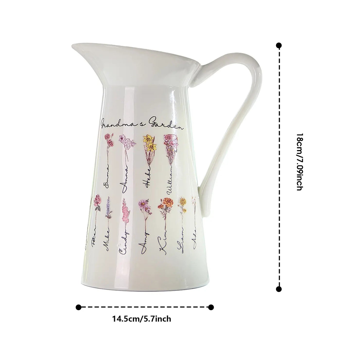 A view of the pitcher-shaped vase against a white background, with a text overlay indicating the size of the vase (e.g., height, width), showcasing its customizable design.