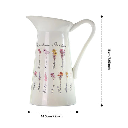 A view of the pitcher-shaped vase against a white background, with a text overlay indicating the size of the vase (e.g., height, width), showcasing its customizable design.