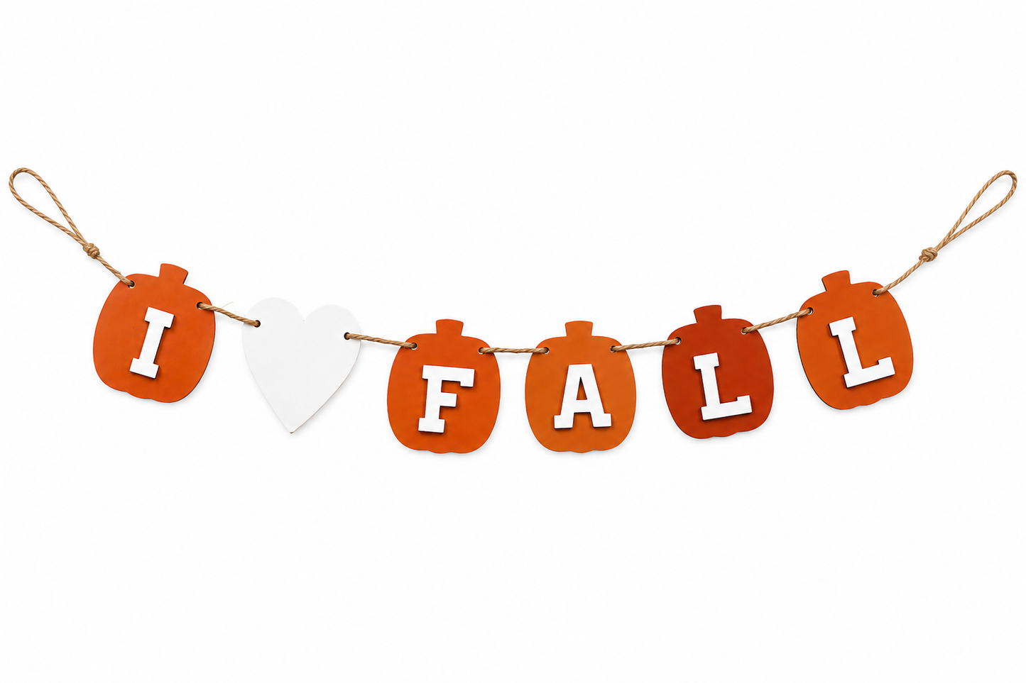 A decorative autumn banner spelling 'I FALL' with orange pumpkin-shaped letters, a white heart, and brown hanging twine on a plain white background.