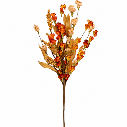 Fall wildflower and heather bush with cream, yellow-orange and mauve blossoms, light green leaves, tan foliage and small berry accents.