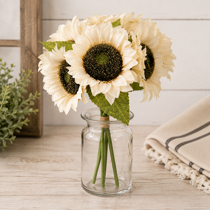 Artificial champagne sunflower bouquet displayed as a faux floral accent for vases pitchers jars and seasonal farmhouse decorating