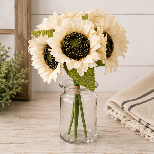 Artificial champagne sunflower bouquet displayed as a faux floral accent for vases pitchers jars and seasonal farmhouse decorating