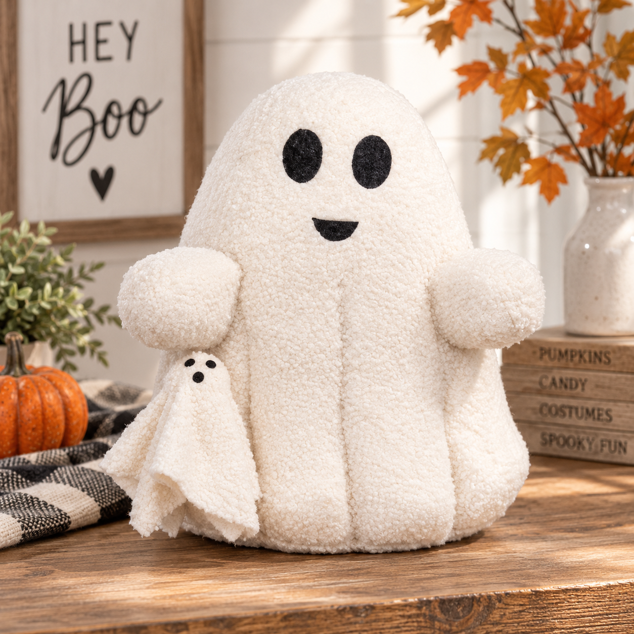 A fluffy white ghost-shaped plush pillow with black embroidered eyes and a smile sits on a wooden table in a fall-themed room setting, holding a small matching ghost figure.