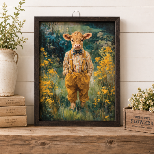 Light brown bull wearing mustard bib overalls, striped shirt, and floral bow tie in a meadow with yellow wildflowers framed in a dark stained wood box frame.