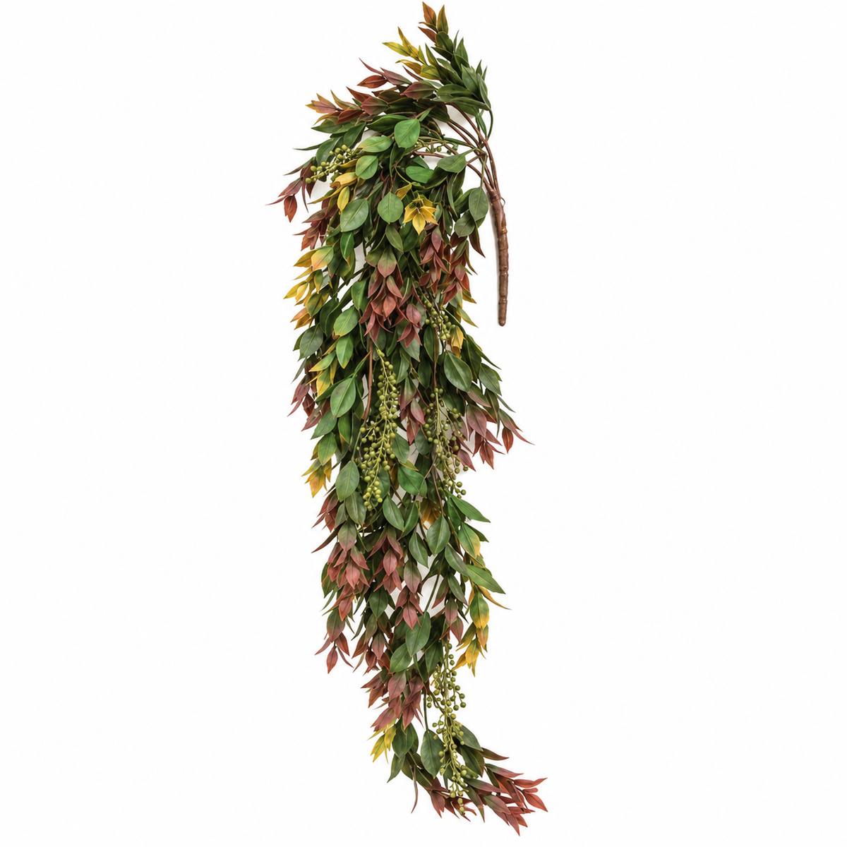 A hanging artificial leaf garland with green, red, and yellow autumn leaves, small green berry clusters, and brown stems, shown against a plain white background.