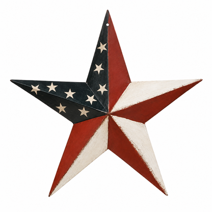 Close-up of a 12-inch metal Americana barn star highlighting the rustic patriotic finish and dimensional design
