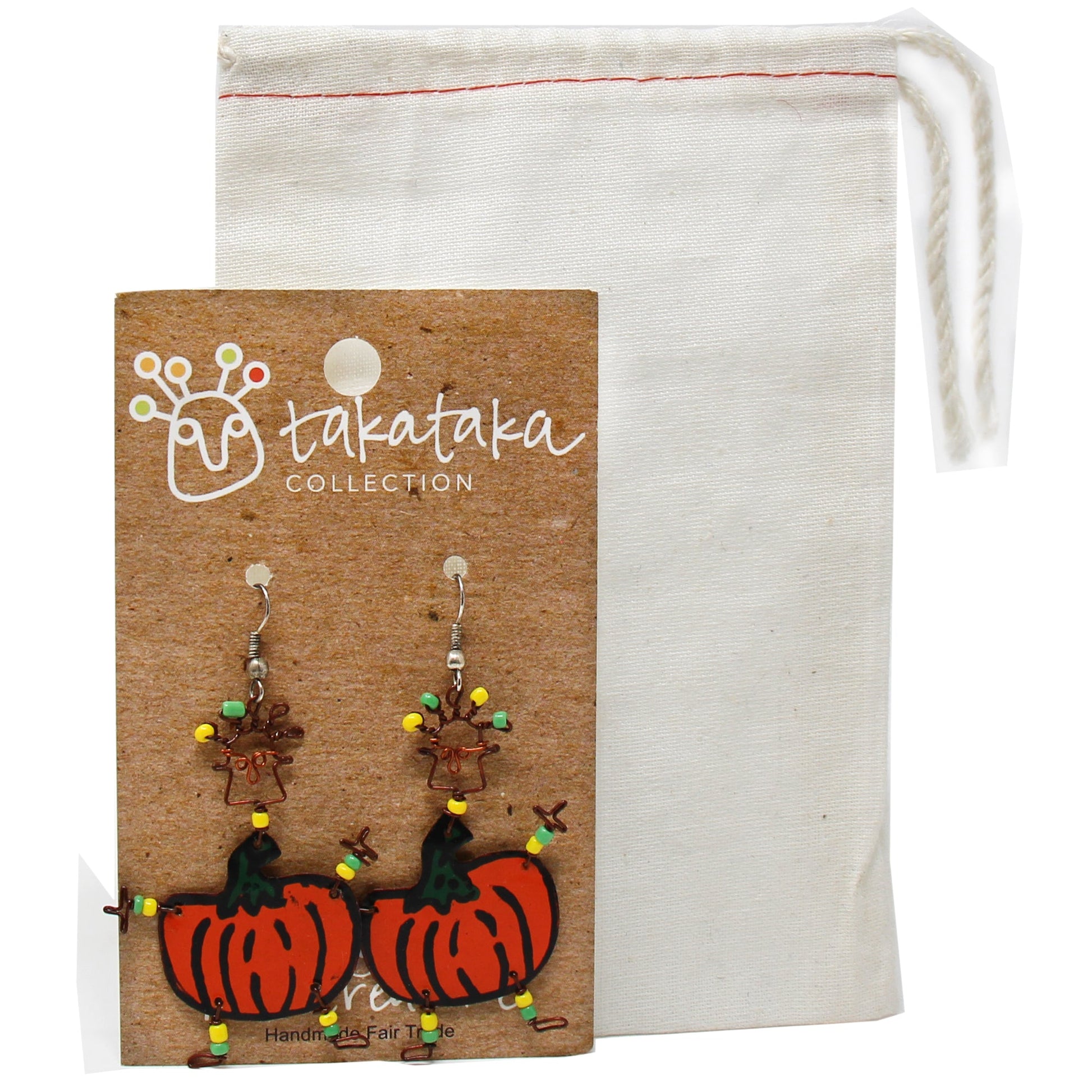 Fair Trade pumpkin-shaped dangle earrings with colorful Maasai bead accents.