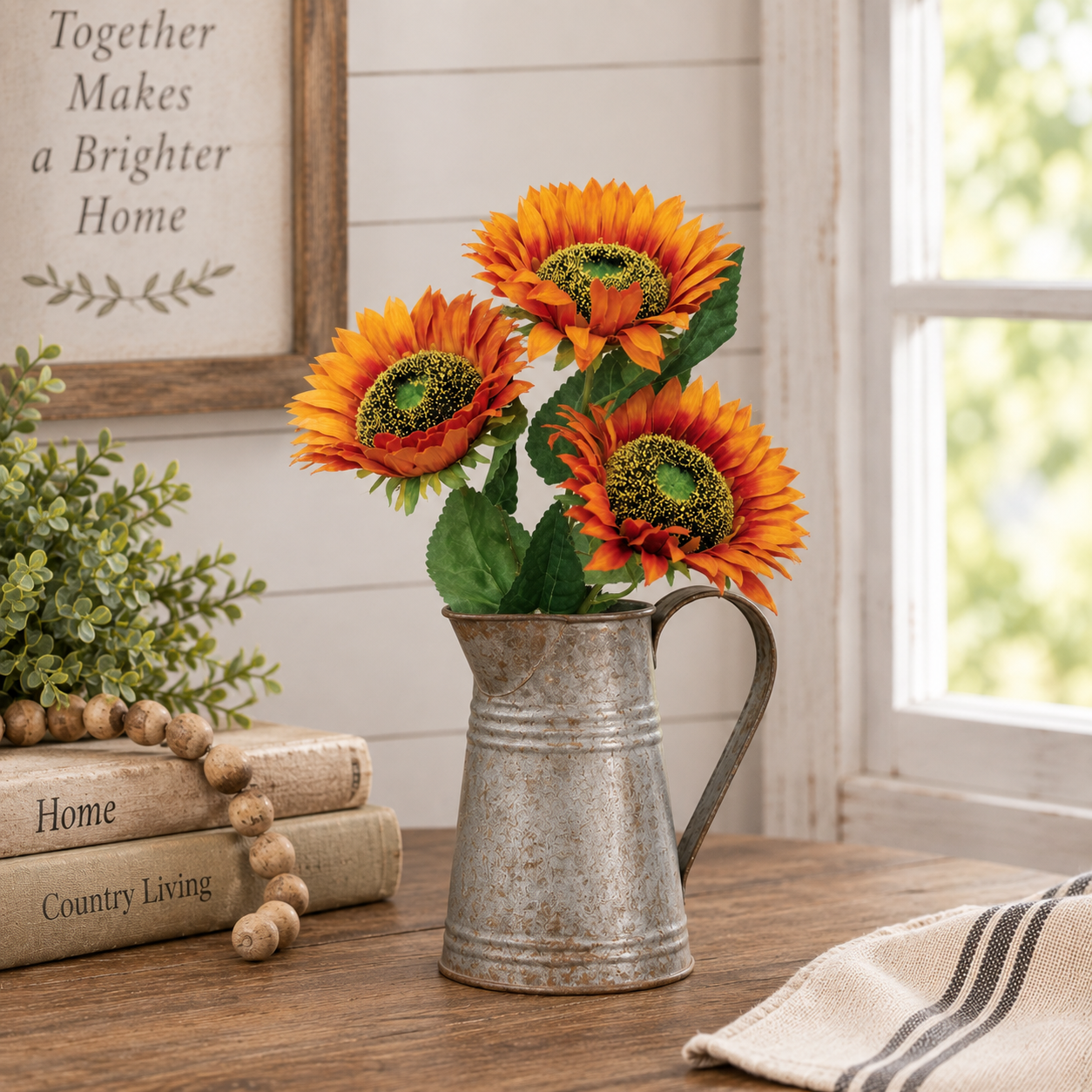 Three artificial orange and yellow sunflowers with green centers and leaves, arranged in a distressed galvanized metal pitcher on a wooden table in a rustic room setting.