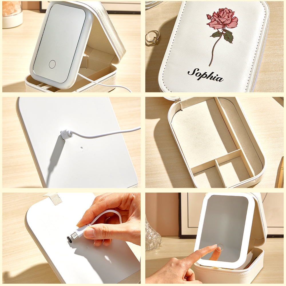 A collage showcasing different views of the personalized jewelry box: open with the charger, closed, the mirror out with the charger plugged in, a top view of the jewelry storage section with the mirror out, a demonstration of the box being plugged in with a hand, and a hand indicating the power button location.