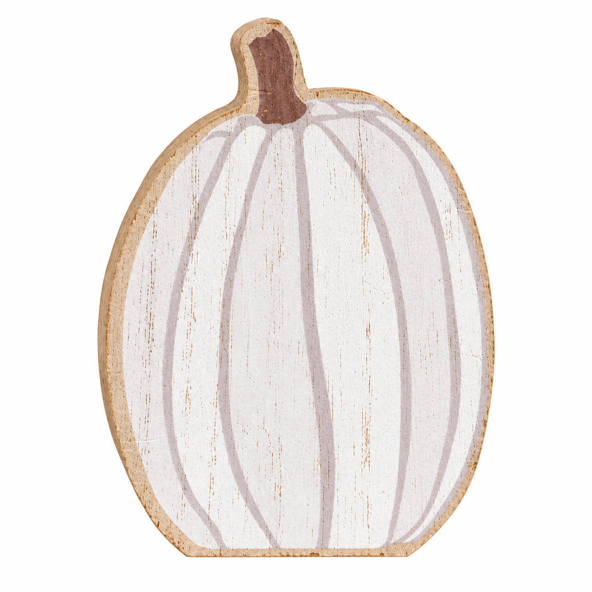 A decorative pumpkin-shaped sign with a distressed white painted surface, vertical rib lines, a natural wood border, and a brown stem, shown on a plain white background.