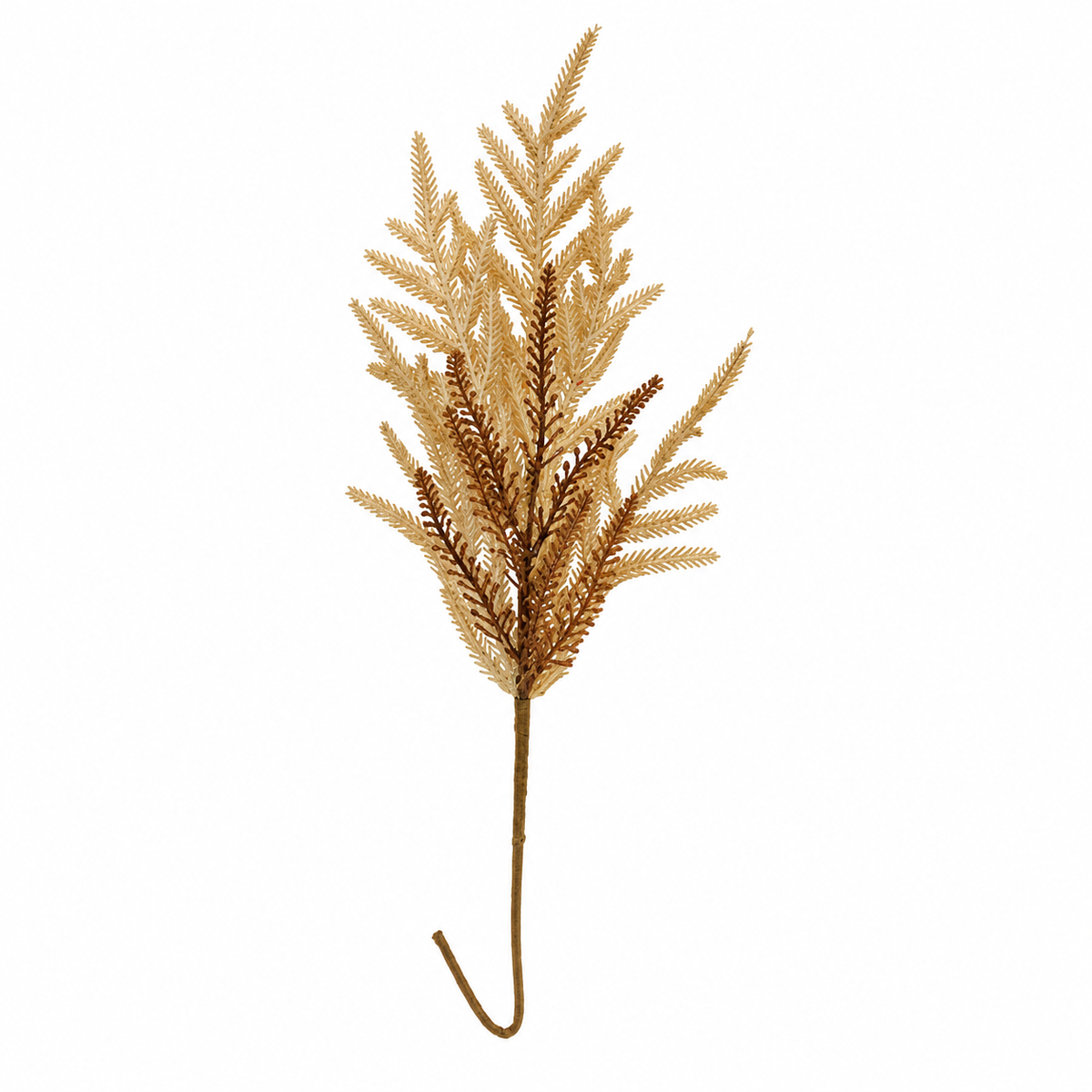 A single artificial pine branch with textured, glittery gold and bronze needles on a brown stem, isolated on a white background.
