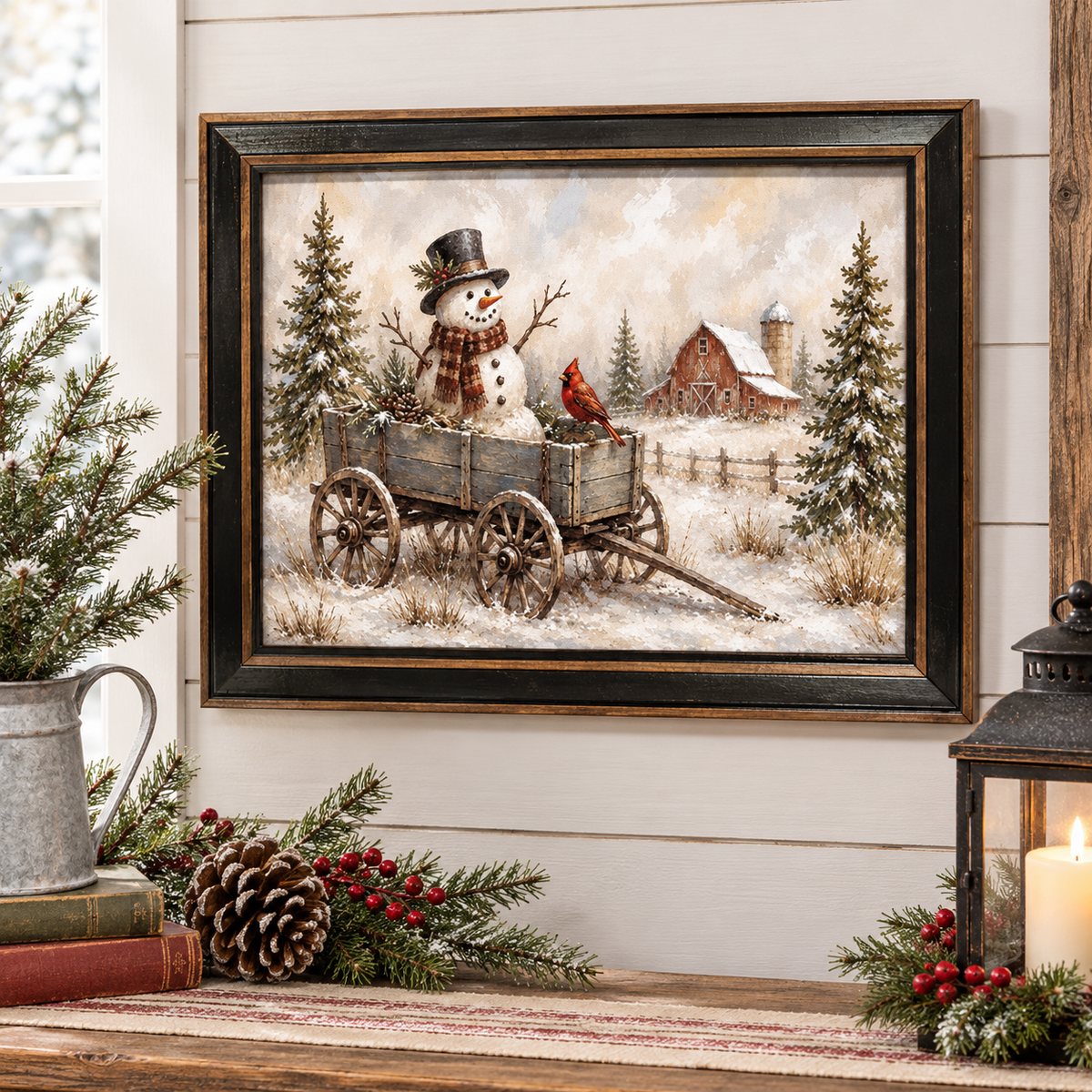 Framed winter landscape art print hanging on a white shiplap wall above a rustic table with pine branches, a candle lantern, and books. The artwork shows a snowman in a wagon with a red cardinal, evergreen trees, a snowy field, and a red barn.