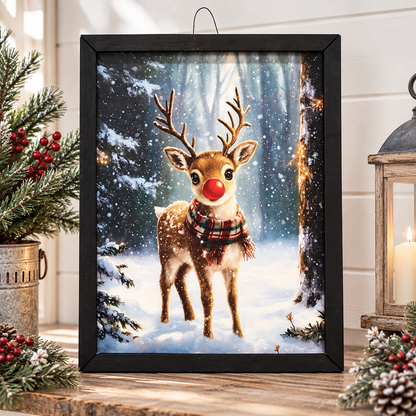 A framed Christmas art print featuring a brown reindeer with antlers, a red nose, and a plaid scarf standing in a snowy forest. The print is housed in a black frame and displayed on a wooden surface with holiday decorations, including a lantern, pine branches, and red berries.