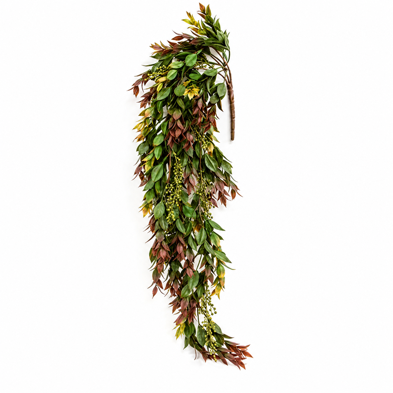 A long hanging artificial leafy garland with green, brown, and reddish-brown foliage, photographed against a plain white background.