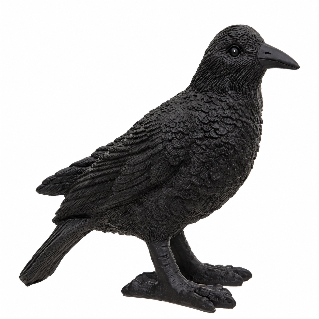 A black crow figurine with highly detailed, textured feathers, standing on a plain white background.