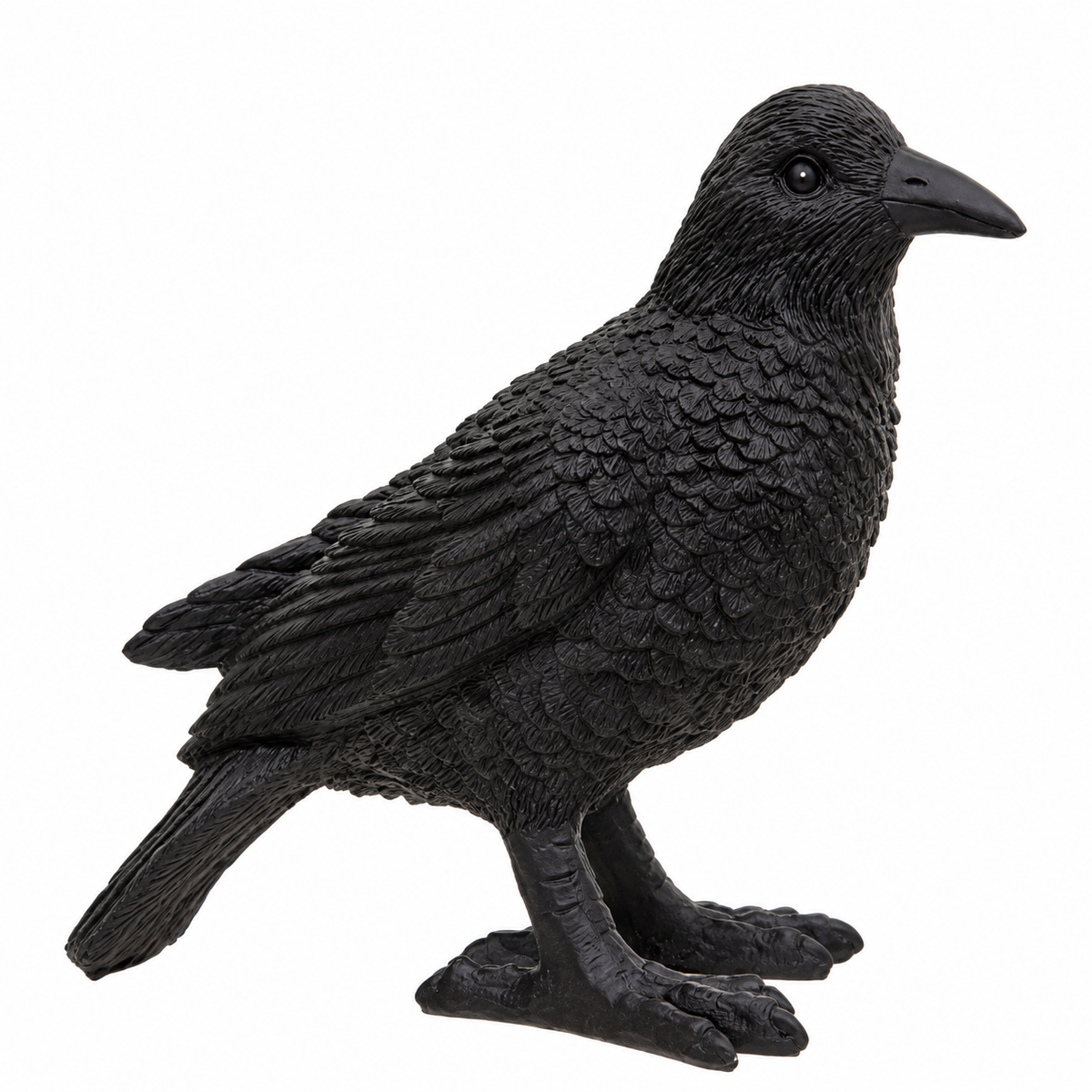 A black crow figurine with highly detailed, textured feathers, standing on a plain white background.