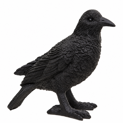 A black crow figurine with highly detailed, textured feathers, standing on a plain white background.
