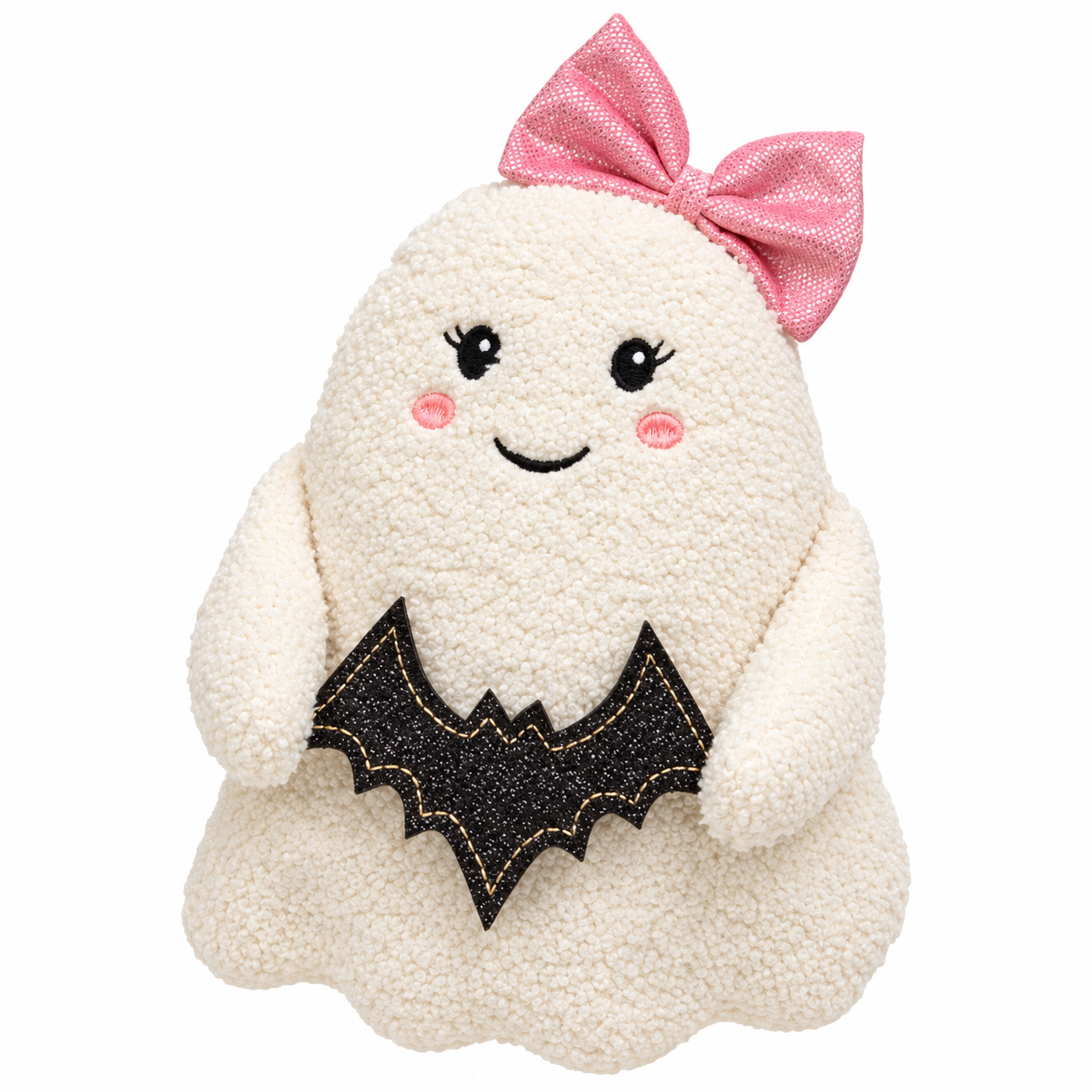 A cute plush ghost toy with a cream-colored textured body, a pink glittery bow on its head, a black bat-wing patch on its belly, and embroidered facial features, shown against a plain white background.
