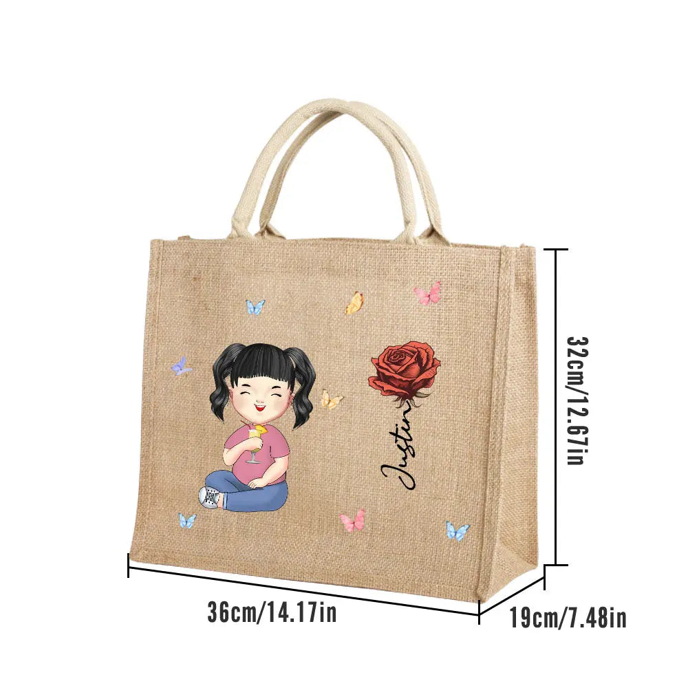 A jute tote bag with a cartoon woman, flower, and custom text, displayed on a white background with an overlay indicating the size of the bag.