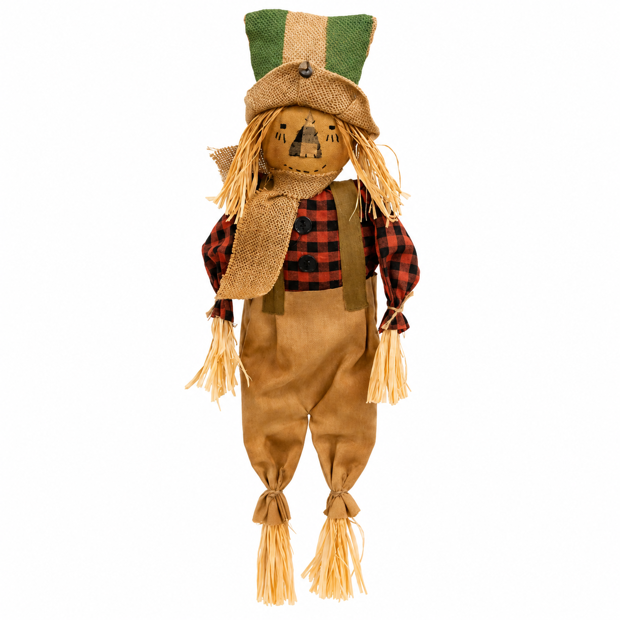 A rustic fabric scarecrow decoration with a burlap hat, red and black buffalo plaid shirt, tan overalls, and straw-colored yarn hair and arm details, isolated on a white background.